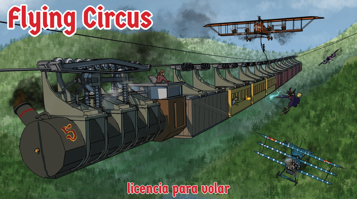 Arte de Flying Circus mostrando el atraco de un tren