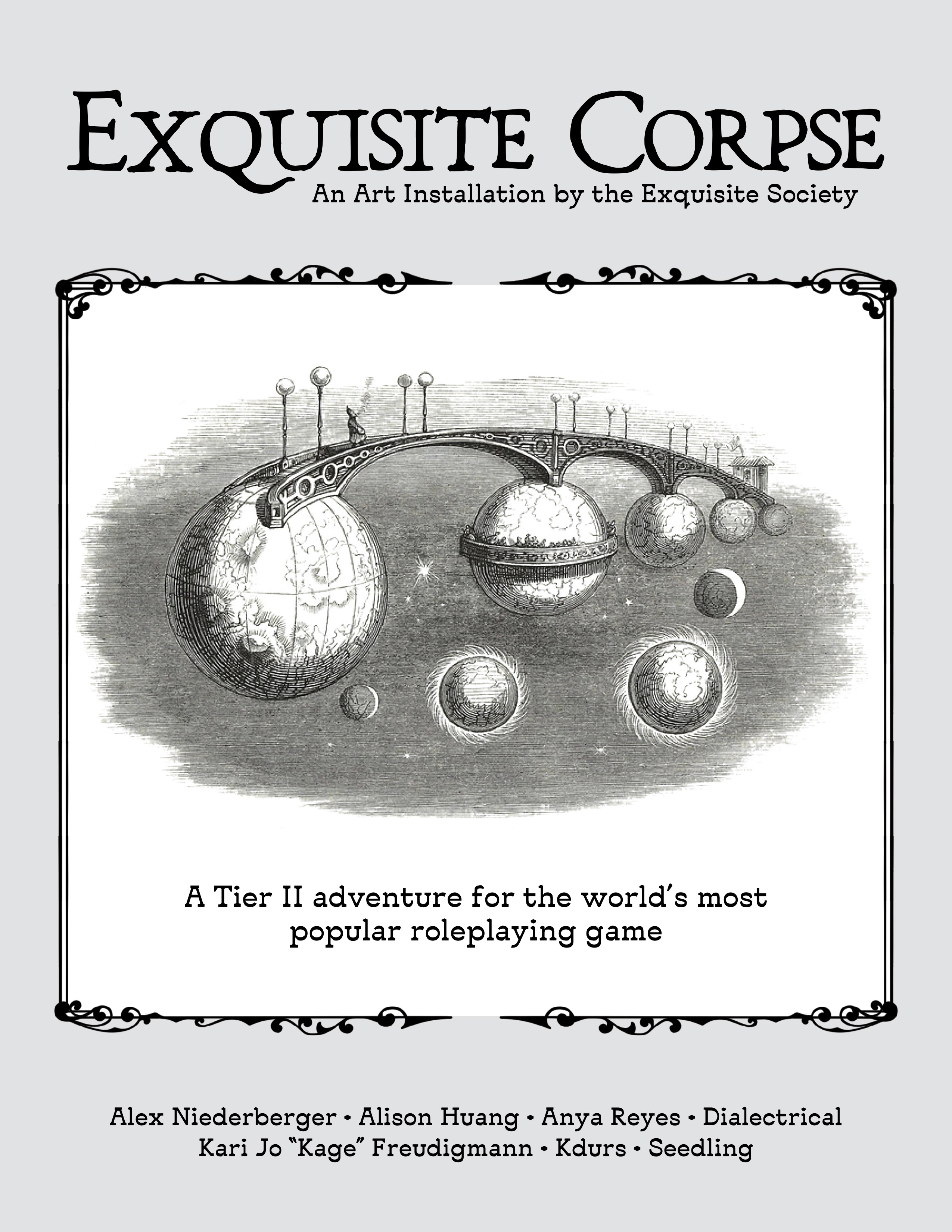 Cover showing multiple planets connected by a bridge and the title of the adventure, Exquisite Corpse
